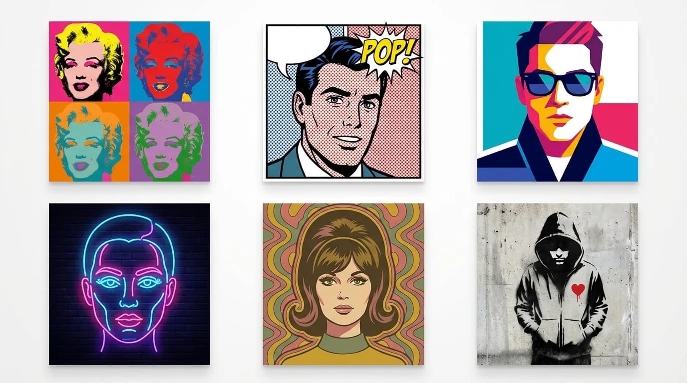 Six pop art portrait styles: Warhol grid, Lichtenstein dots, bold outlines, neon colours, street pop, and contemporary