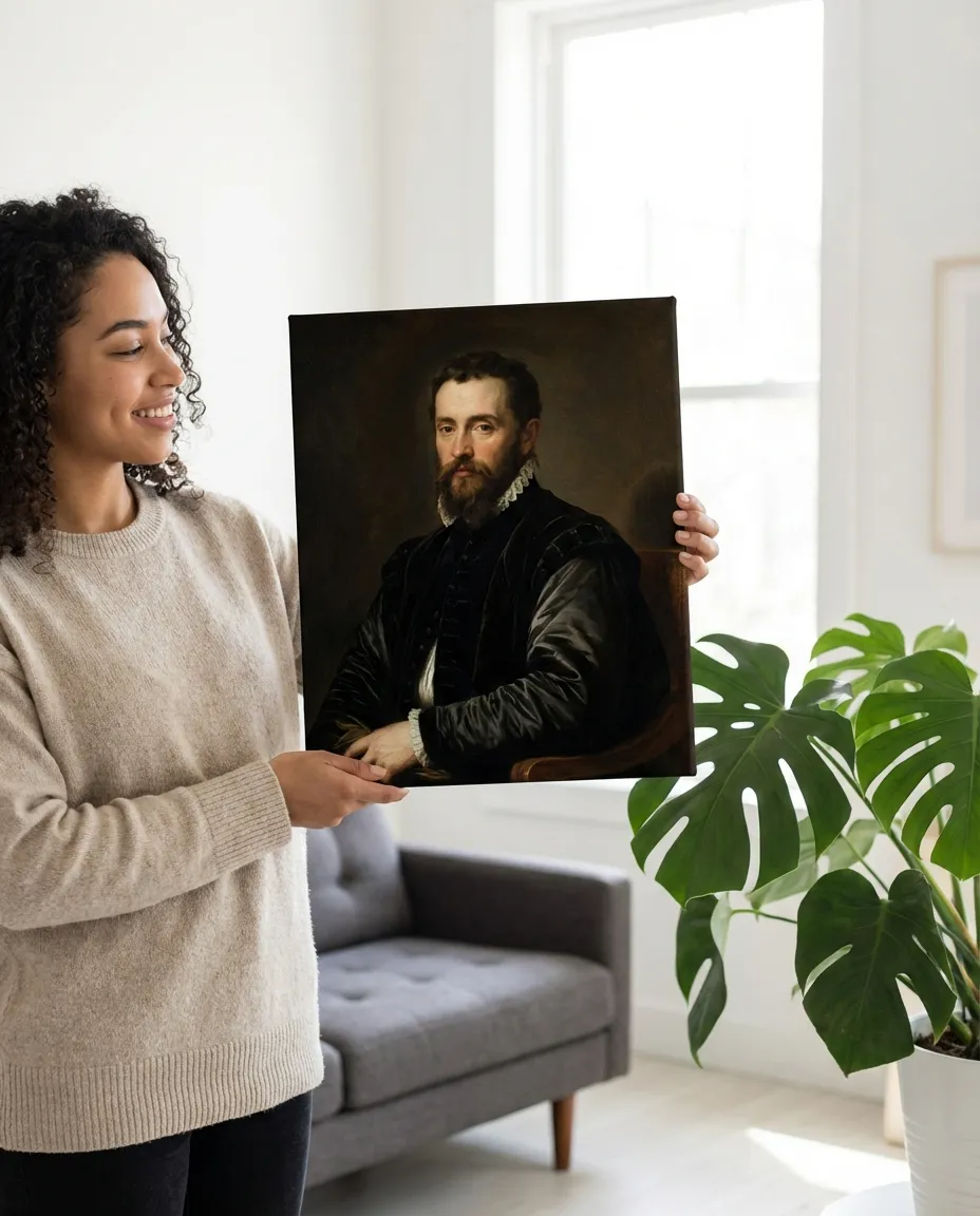 Renaissance portrait canvas displayed in an elegant living room setting