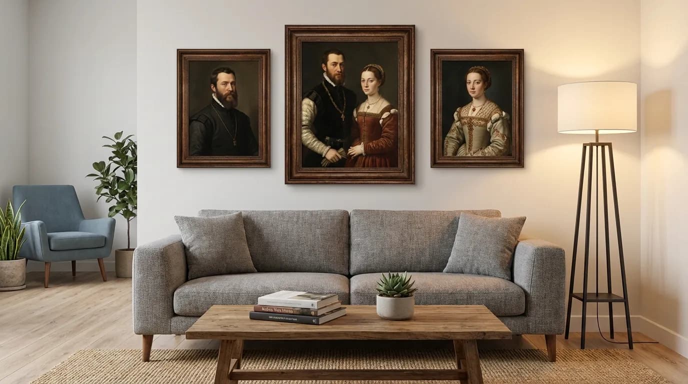 Gallery wall with Renaissance portrait canvas prints in an elegant home