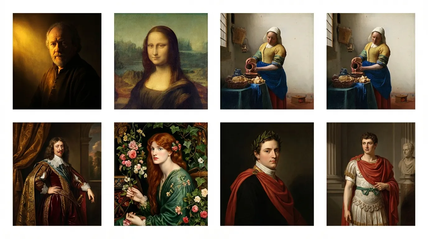 Six Renaissance portrait sub-styles: Da Vinci, Rembrandt, Flemish, Holbein, Velazquez, and Caravaggio