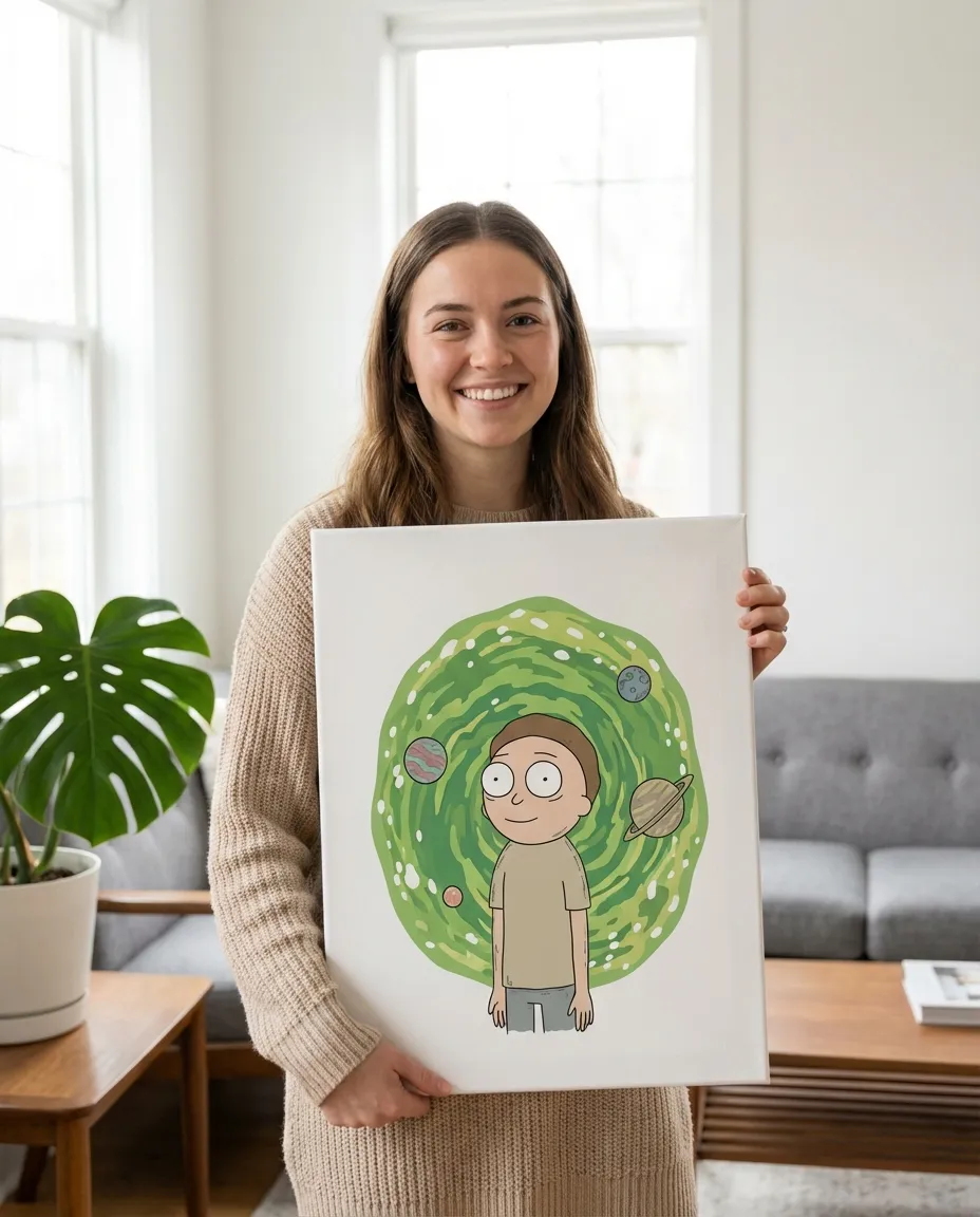 Person holding their Rick and Morty portrait canvas in a modern living room