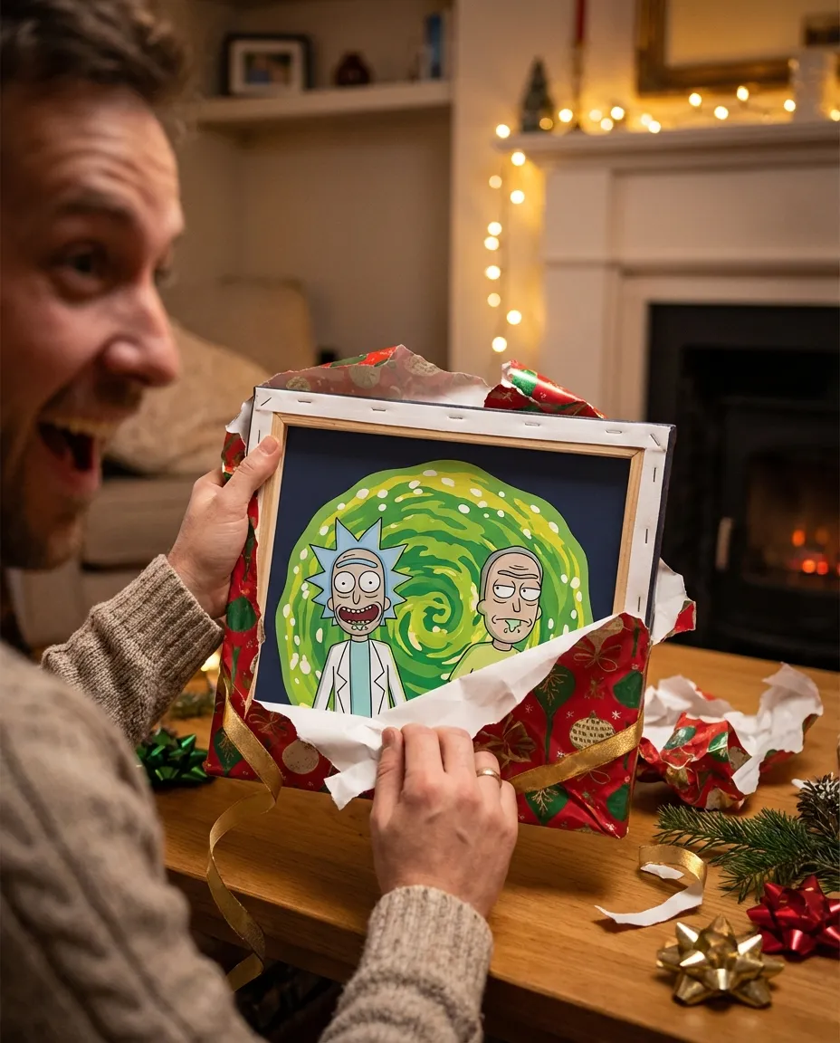 Person unwrapping a gift to reveal a Rick and Morty portrait canvas