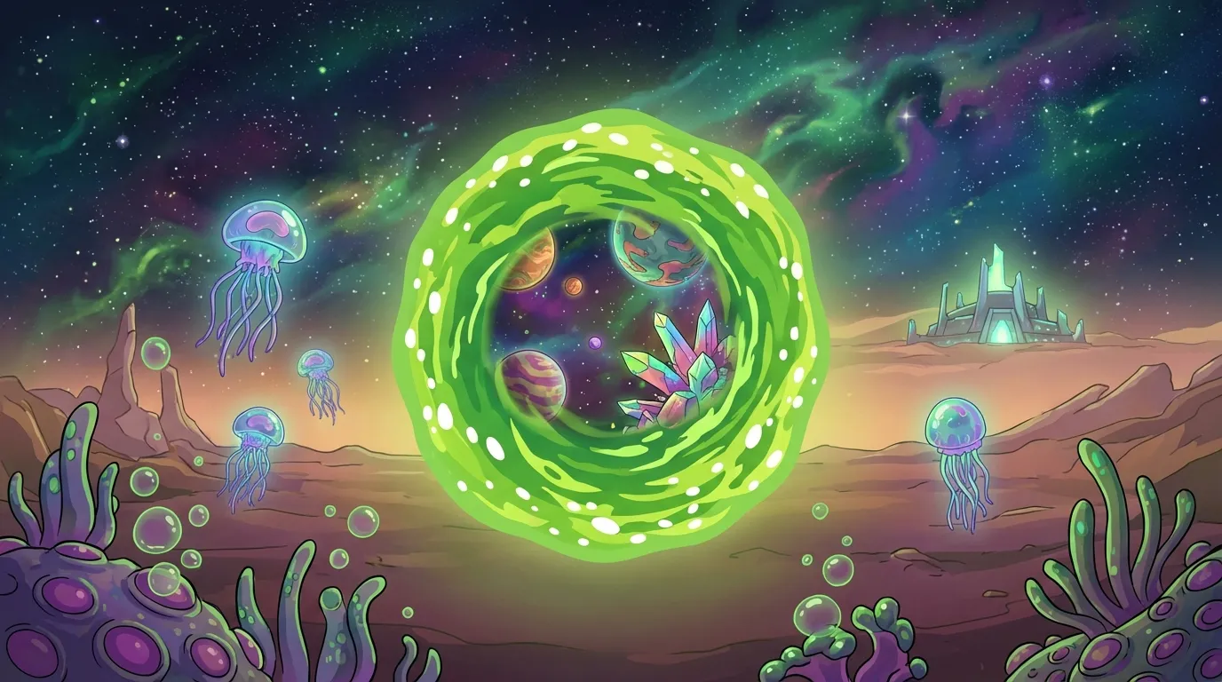 Rick and Morty interdimensional portal background with sci-fi elements