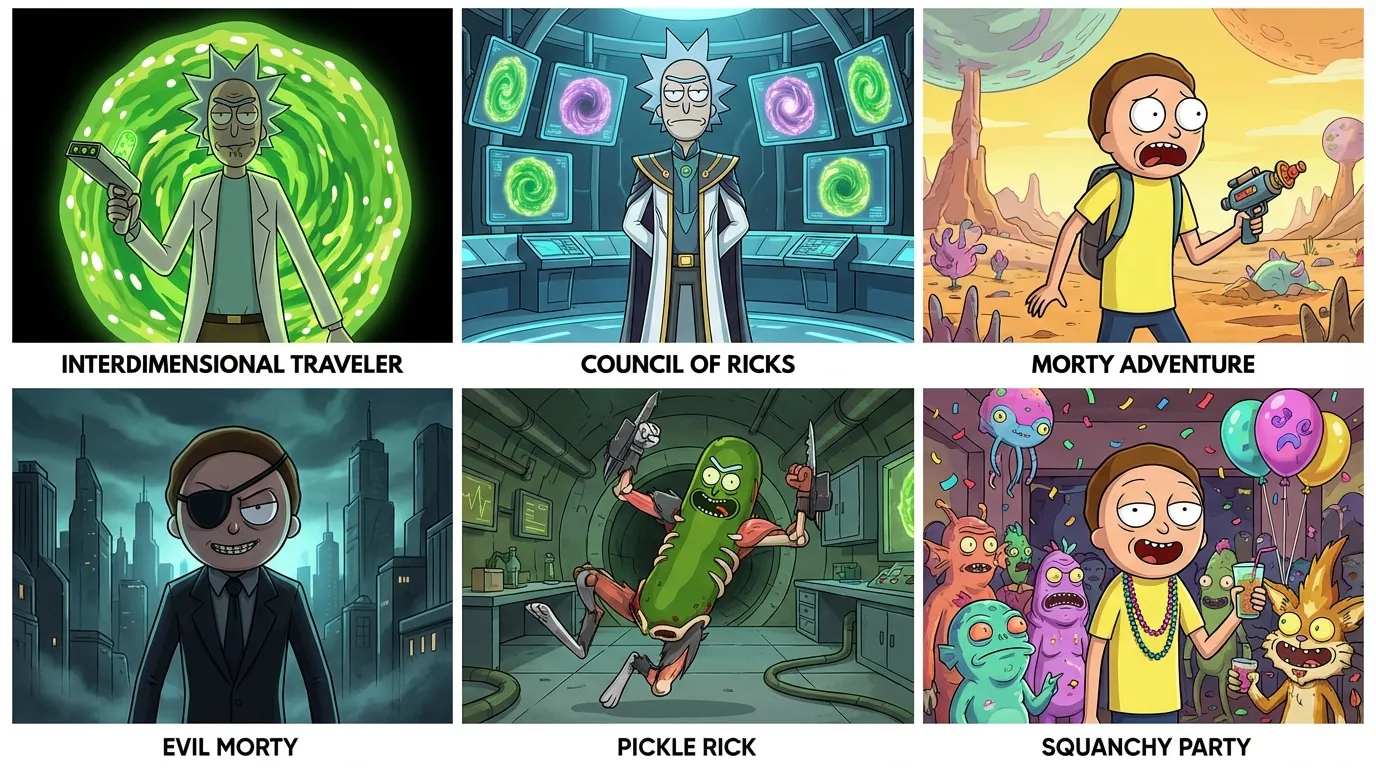 Six Rick and Morty portrait sub-styles: interdimensional, council, adventures, evil morty, pickle rick, and squanchy