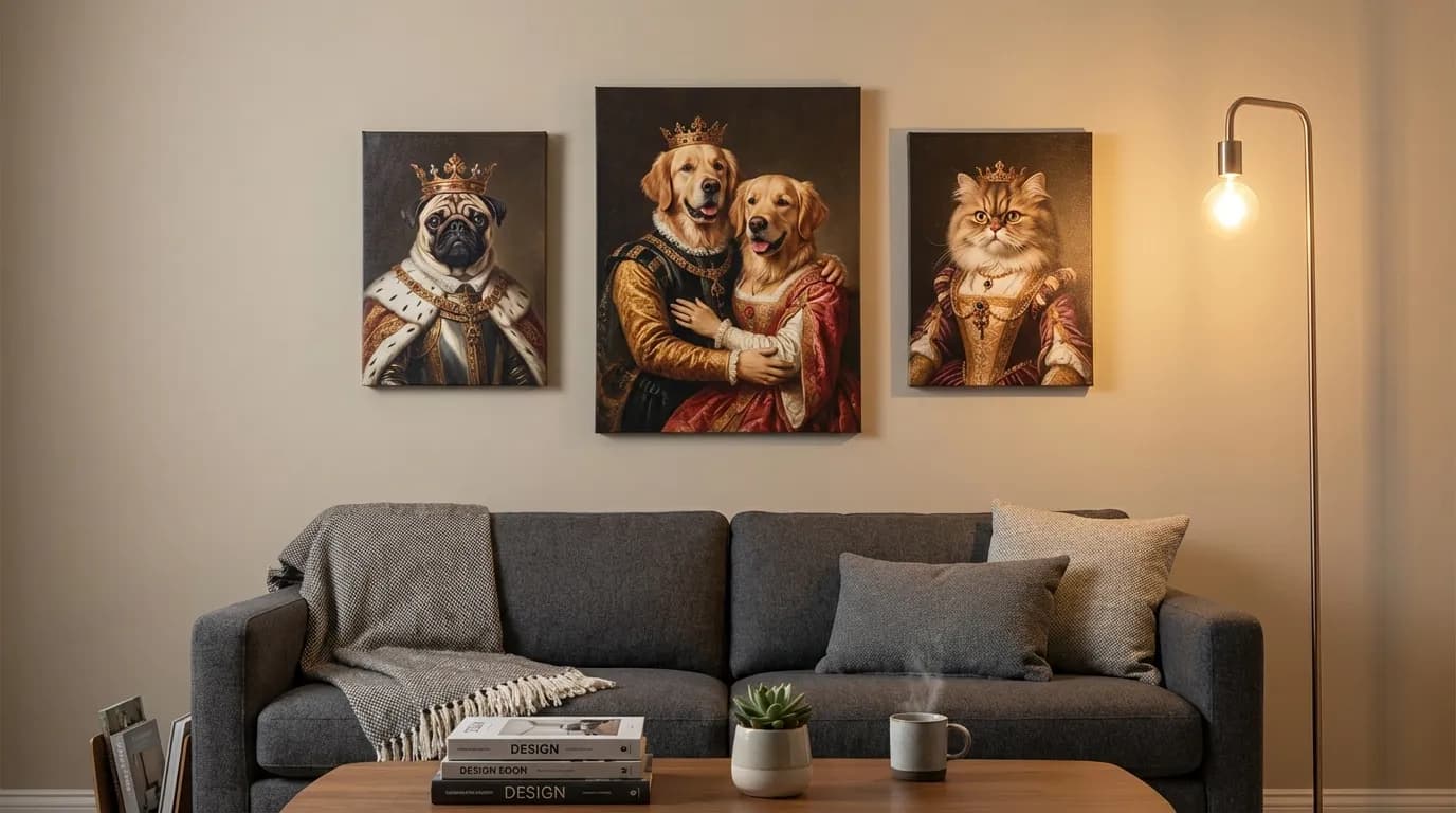 Gallery wall with royal pet portrait canvas prints