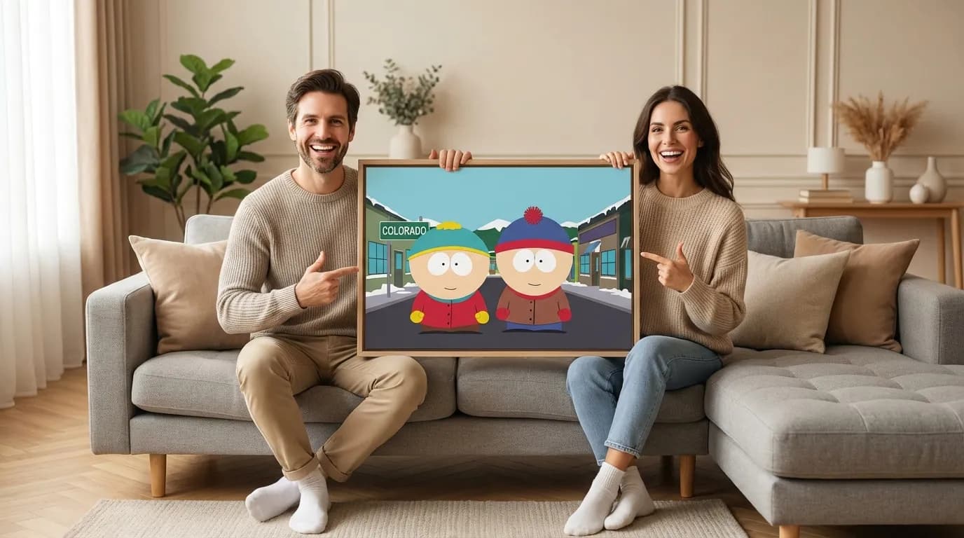 Happy couple sitting on sofa holding their South Park couple portrait canvas