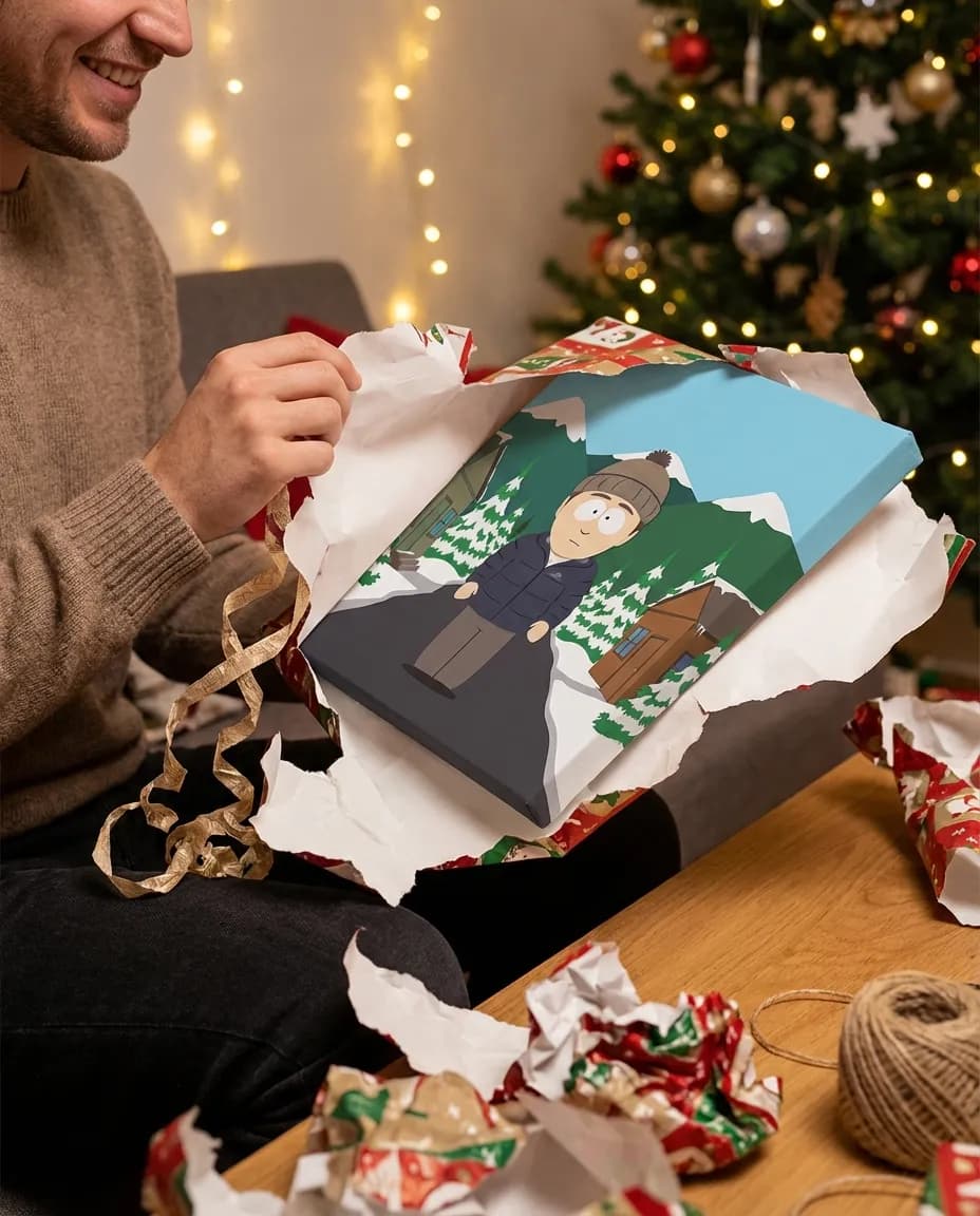 Person unwrapping a gift to reveal a South Park portrait canvas