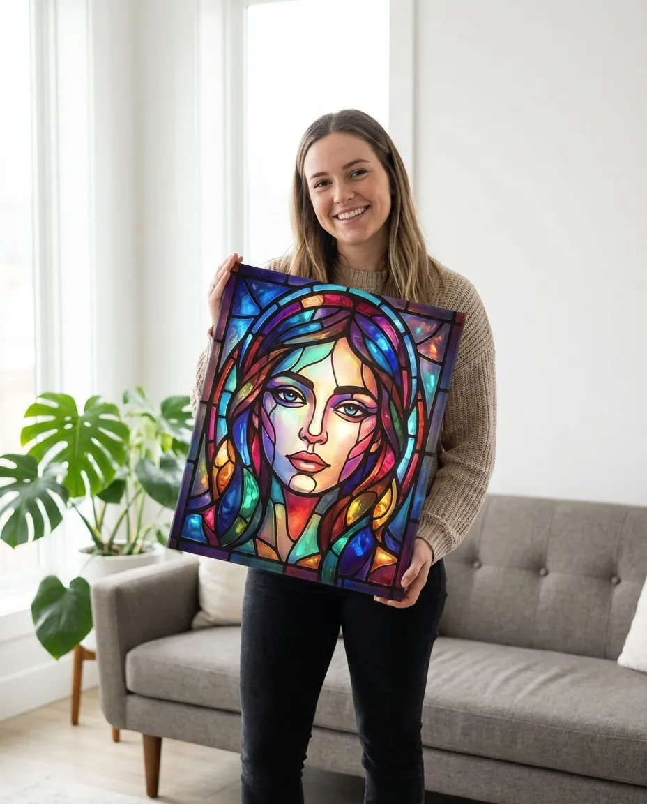 Stained glass portrait canvas on a wall