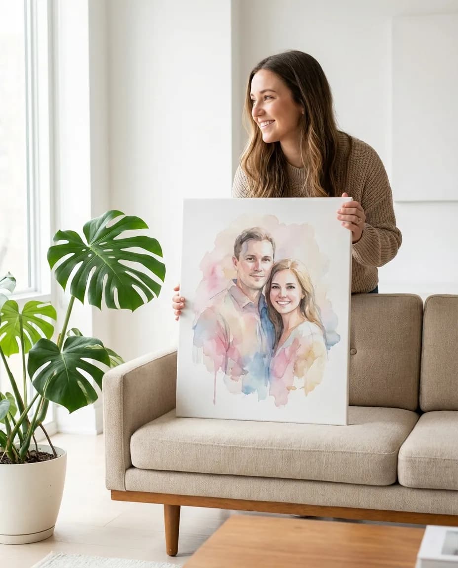 Woman holding her watercolour portrait canvas in a bright, airy room