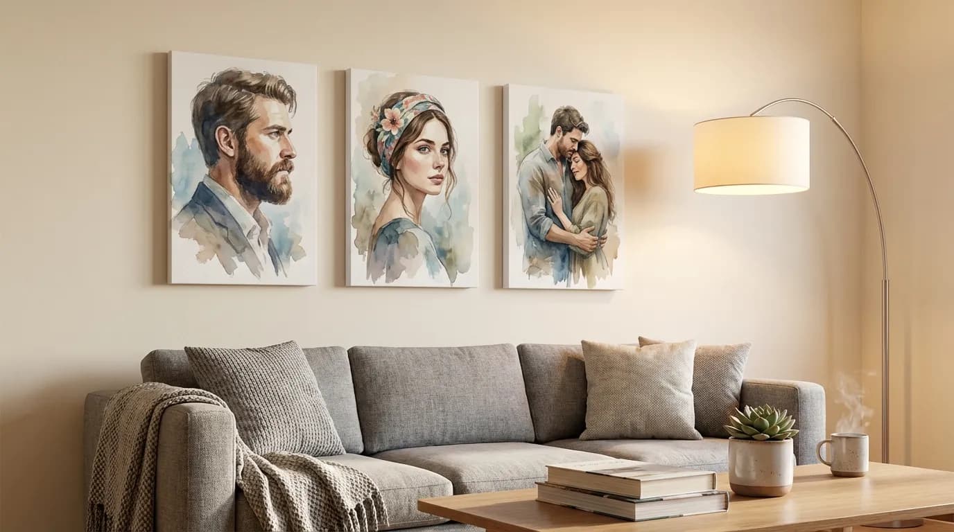 Gallery wall with watercolour portrait canvas prints in a cosy living room