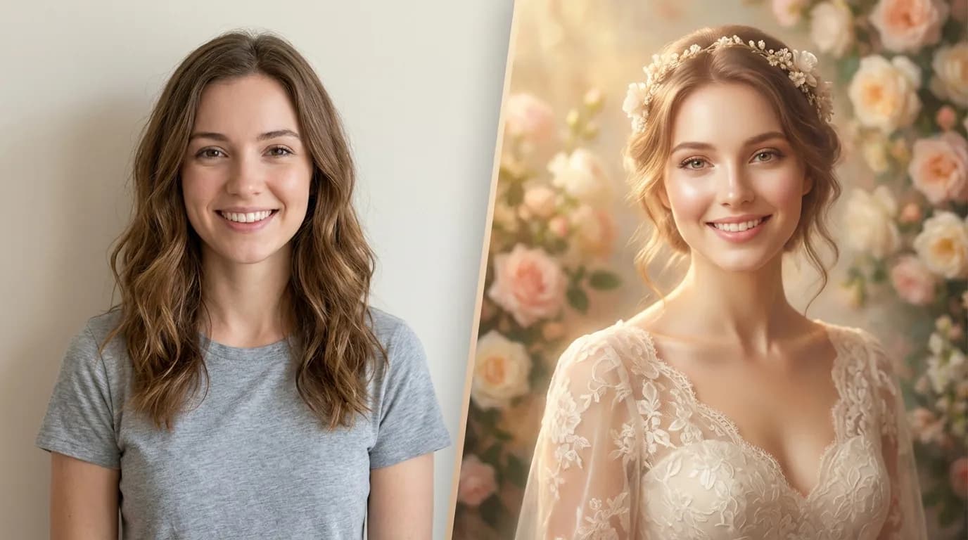 Before and after: wedding photo transformed into a romantic portrait painting