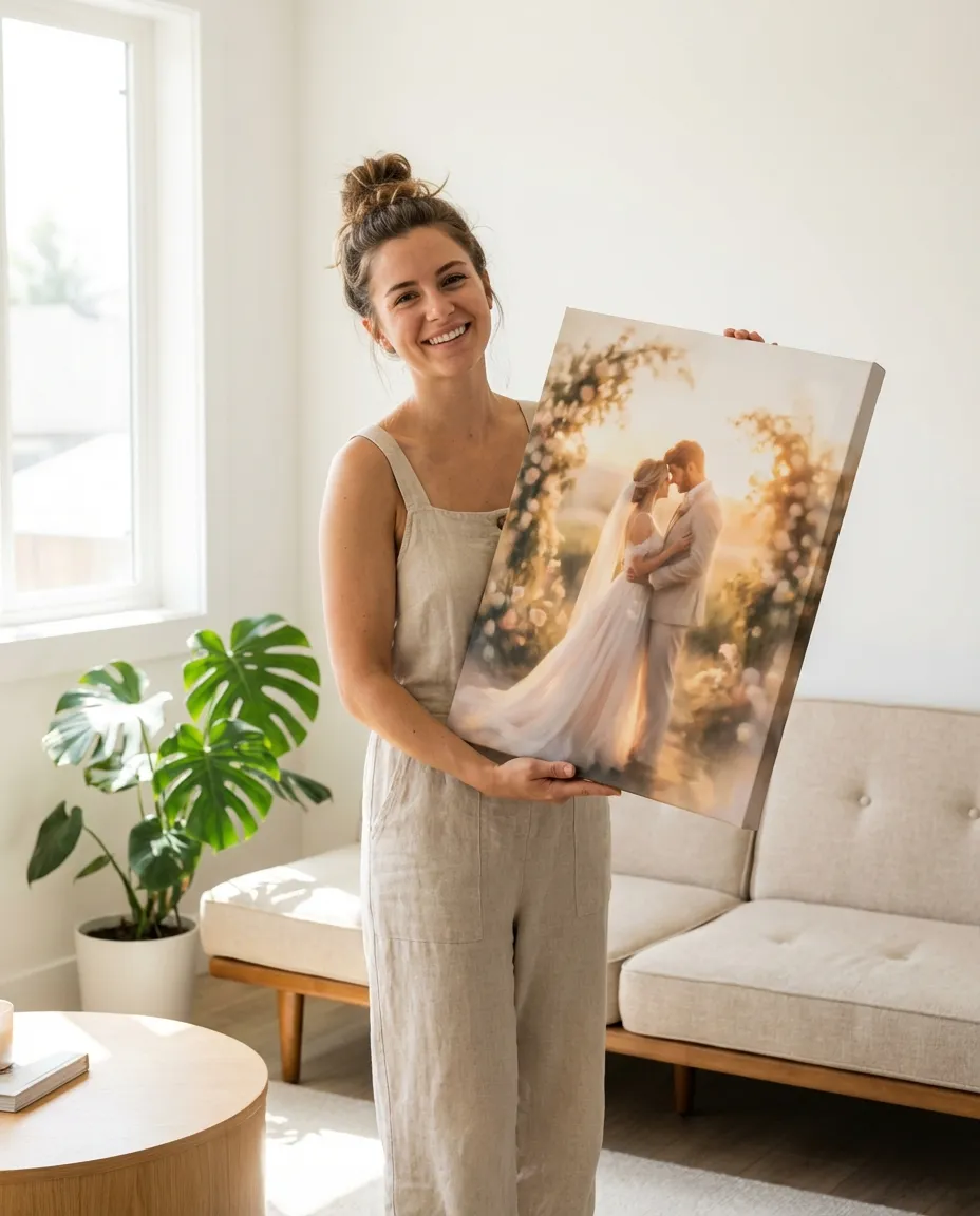 Couple admiring their wedding portrait canvas hanging in a modern living room