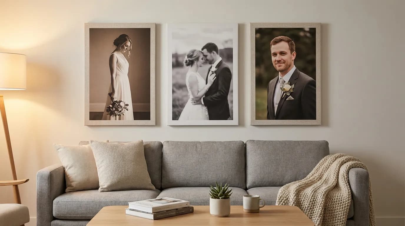 Gallery wall with wedding portrait canvas prints in an elegant living room