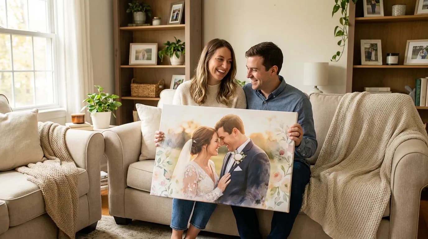 Happy couple holding their wedding portrait canvas in their home