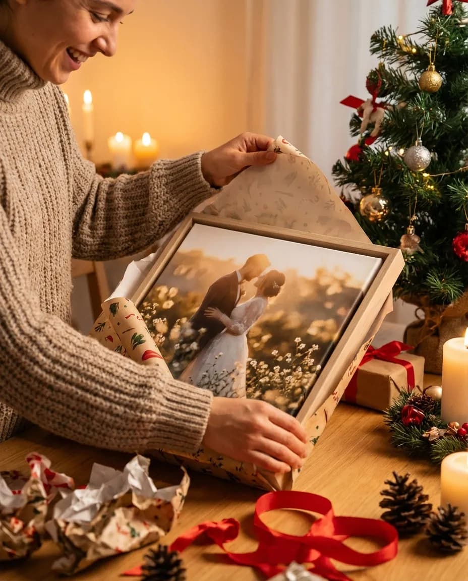 Person unwrapping a gift to reveal a wedding portrait canvas